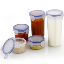 Round plastic food storage container with airtight locking lid for leak-proof storage.