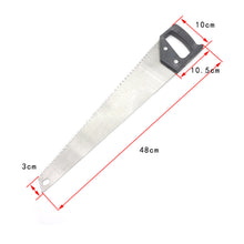 Steel hand saw with large cutting blade.