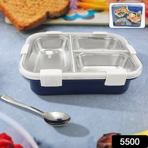 3 Compartment Transparent Stainless Steel Lunch Box for Kids, Tiffin Box