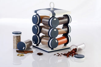 Spice rack with 12 food-grade plastic jars, brown box included